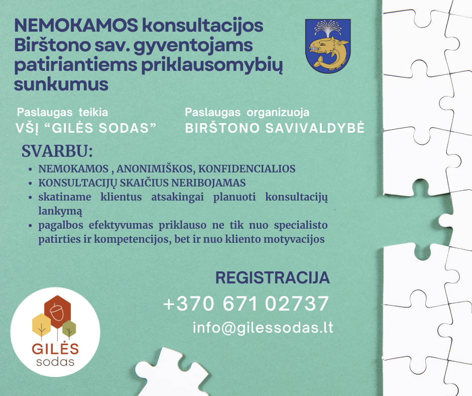 Birštono savivaldybė: nemokamos, anonimiškos konsultacijos priklausomybių sunkumams.